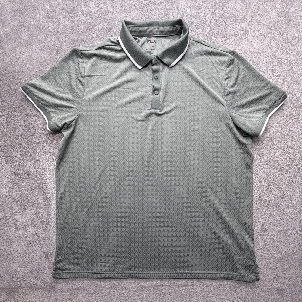 FLX Polo Shirt Mens XL Green Geometric Performance Golf‎ Short Sleeve Tagless